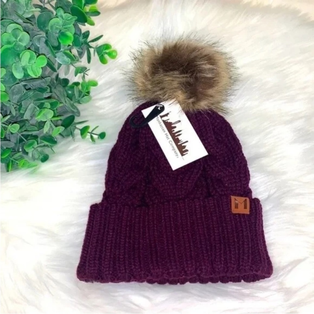 Manhattan Hat Company Burgundy Pom Beanie Hat NWT
